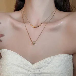 18k gold plated double layer necklace with cubic zirconia cylinder pendant for women