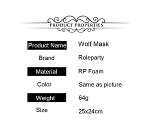 Wolf mask product specifications showing 25x24cm size and lightweight RP foam material