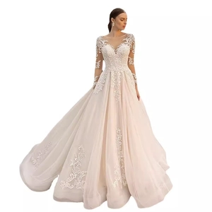 Elegant A-line ivory lace wedding dress with long sheer sleeves and floral embroidery