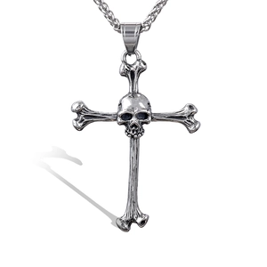 Gothic silver skull and cross pendant necklace with vintage punk bone texture