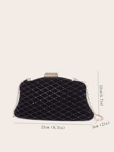 Detailed size specifications for the black velvet quilted clutch with dimensions shown