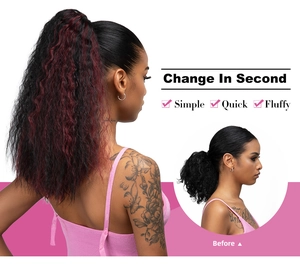 Close-up of wavy Yaki ponytail extension showing before and after volume transformation