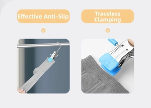 Detail showing non-slip metal laundry clip with blue silicone pads and hook structure