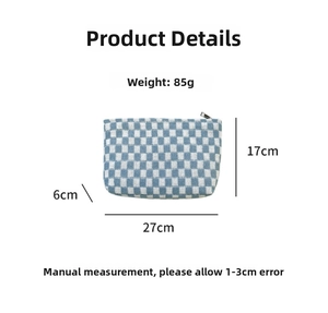 Blue checkerboard knit cosmetic bag size measurements showing dimensions 27x17x6cm