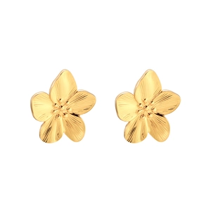 Elegant 18K gold plated geometric flower stud earrings with a polished 5-petal metal design
