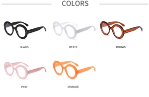 Detailed grid view of round frame eyeglasses in black, white, brown, pink, and orange