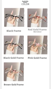 Detail view of cat-eye eyewear showing frames in Black, Red Gold, Pink Gold and Brown Gold