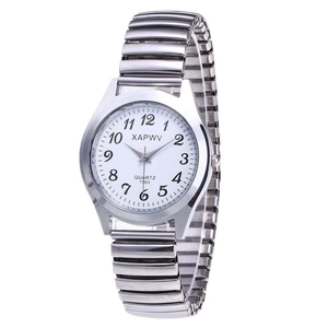 Classic quartz watch with white dial and silver elastic stainless steel band for seniors