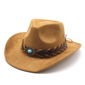 Brown wool felt western cowboy hat with woven leather band and turquoise stone detail