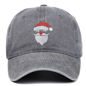 Vintage grey washed baseball cap with Santa Claus embroidery and retro distressed finish