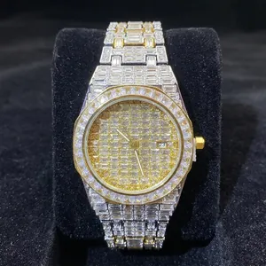 Luxurious gold-tone square full diamond men's quartz watch with date display on black velvet
