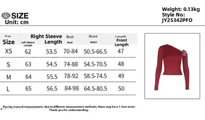 Detailed size guide for burgundy off-shoulder rose top with sleeve and bust measurements