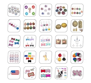 Grid layout showcasing various shapes and colors of metal pet ID tags for dogs and cats