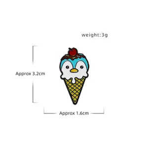 Cartoon penguin ice cream enamel pin badge with red cherry topper on white background