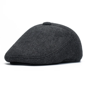 Winter dark grey wool blend flat cap for elderly men with warm ear flaps and thick lining