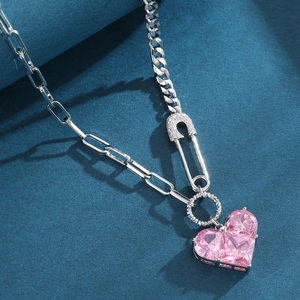 Silver paperclip link necklace with a sparkling pink heart gemstone pendant for women