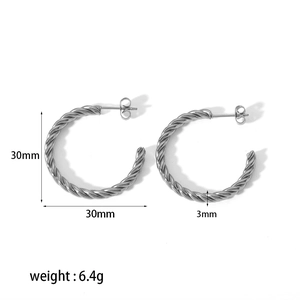 Silver twisted C-shaped hoop earrings 30mm diameter made of 18K gold plated steel