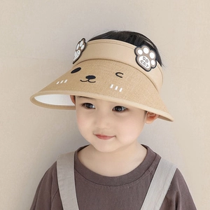 Kids wide brim straw sun visor with cute cat embroidery and 3D cat paw details