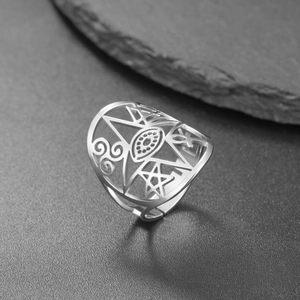 Vintage stainless steel open ring with carved pentagram, eye and celtic symbols