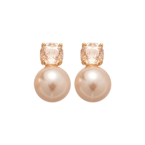 Gold plated earrings with square pink zircon and round pearl on white background