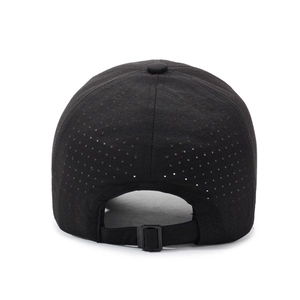 Black breathable mesh baseball cap back view with adjustable strap and laser-cut vents