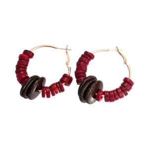 Bohemian ethnic coconut shell beaded hoop earrings in red and brown with golden metal loops