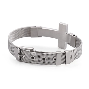 Adjustable silver mesh chain bracelet with cross charm made of polished stainless steel