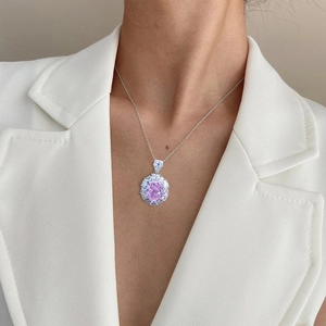 Elegant S925 silver necklace with oval pink crushed ice cut carbon diamond pendant