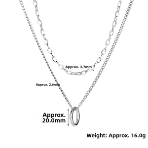 Detail showing double layer silver chain widths and round pendant dimensions