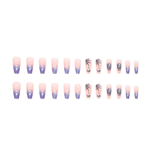 Blue and purple gradient long coffin nails with spider web and glitter for Halloween