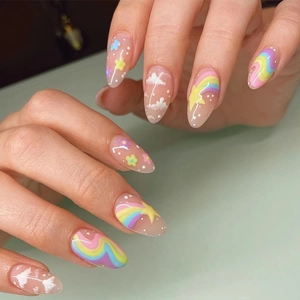 Press On Nails Almond Shape Rainbow Cloud Flower Star Pattern Sweet Cute Colorful False Fingernails For Women Girls