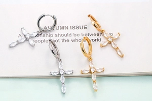 Fashionable marquise zircon cross hoop earrings in gold and silver finish for women