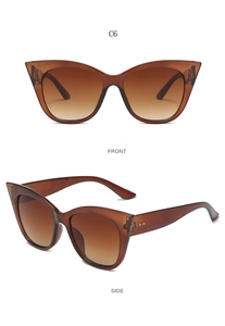 Detailed front and side views of vintage amber cat-eye sunglasses with gradient brown lenses