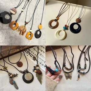 Vintage Ethnic Pendant Necklace Long Sweater Chain Wood Alloy Resin Geometric Bohemian Adjustable Cord Jewelry For Women
