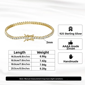 Size chart for S925 sterling silver 2mm tennis chain bracelet with weights and lengths