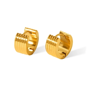 18K gold plated ribbed stainless steel hoop earrings with textured vertical stripes