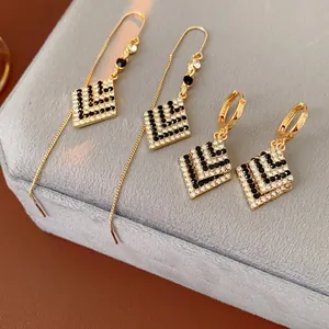 Rhombus Geometric Dangle Earrings With Black White Rhinestone Alloy And Silver Earring Post Fashion For Women
