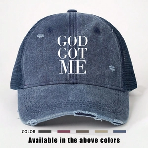 Distressed vintage navy denim trucker hat featuring white God Got Me printed lettering