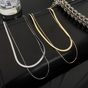 Minimalist double layer snake and box chain necklace set in gold and silver finish