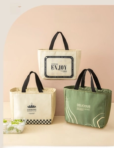 Close-up of Japanese style insulated lunch bags with durable webbing handles and stylish prints