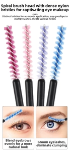 Macro detail of spiral nylon eyelash brushes in multiple colors with black handles