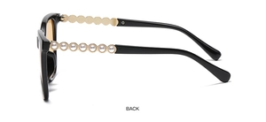 Detail of square black sunglasses with gold pearl chain temples and orange lenses
