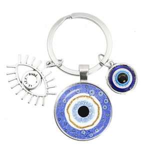 Blue Evil Eye keychain with glass pendant and hollow silver metal eyelash charm for luck