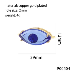 Blue evil eye jewelry connector in gold-plated copper with 29x12mm dimensions detail
