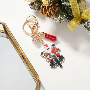 Christmas Santa Claus Riding Motorcycle Keychain Pendant With Red Tassel And Star Sequin Clear Ball Holiday Gift Key Ring