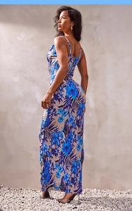 Detail of blue and brown floral print pleated maxi dress with slim spaghetti straps