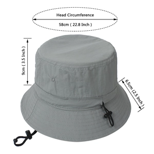 Grey quick-dry sun bucket hat with adjustable chin strap for outdoor activities