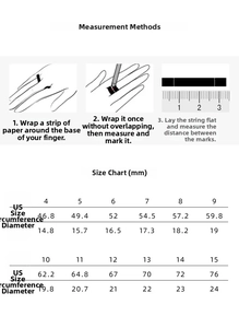 Size guide for stainless steel ring showing measurement methods and circumference chart