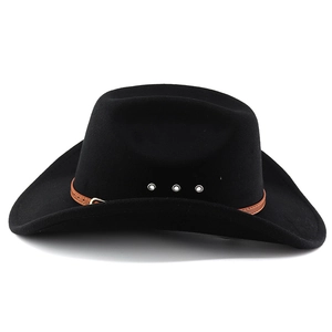Detail of black western cowboy hat with brown leather band and metal ventilation eyelets