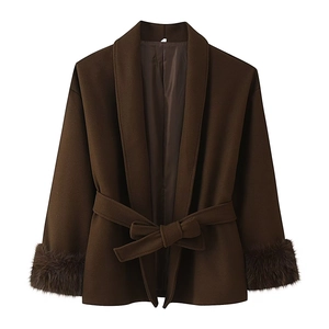 Elegant dark brown wool coat with faux fur cuffs and matching waist belt for women